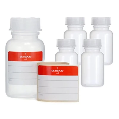 Imagen de Octopus 5 Botellas de Cuello Ancho 100 ml PEBD con Tapa a Rosca, vacías química, Laboratorio como contenedor Almacenamiento para Laboratorio, Cocina, Hobby