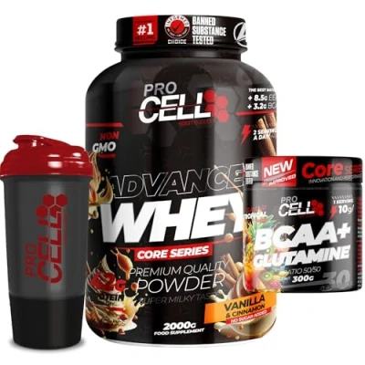 Imagen de ProCell PACK Whey Core + BCAA &amp; Glutamina 300gr Shaker REGALO proteina concentrada Aminoácidos Gana masa muscular, en polvo