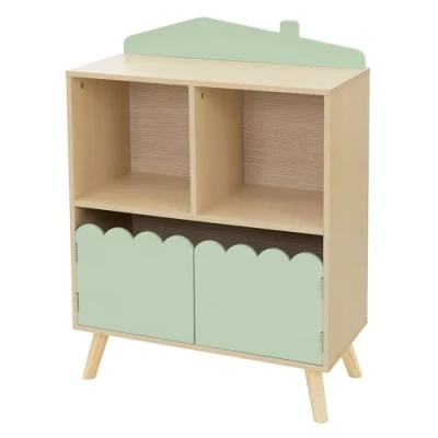 Imagen de Joyz Estantería Infantil con 3 Compatimentos 60x30x82 cm de Madera Verde Naturaleza Armario para Almacenamiento Mueble Pie 2 Estantes Abiertos y Puertas Prácticas Decorativas