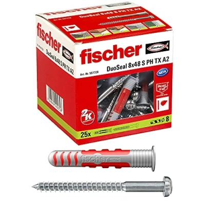Imagen de fischer taco impermeabilizante DuoSeal 8 x 48 S A2 sellador antimoho y antihumedad para fijar muebles, estanterías, accesorios de baño (25 uds)