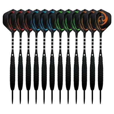 Imagen de Waalvis 12 Piezas Dardos con Punta de Acero, 23 Gramos Metal Profesional barriles Negros, Ejes Aluminio, 40 vuelos, 24 Anillos Antideslizantes y sacapuntas Dart