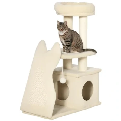 Imagen de PawHut Árbol Rascador para Gatos Pequeños Altura 83 cm Torre con Cama Cueva Plataforma Bola Colgante Postes y Rampa de Sisal 60x30x83 Beige