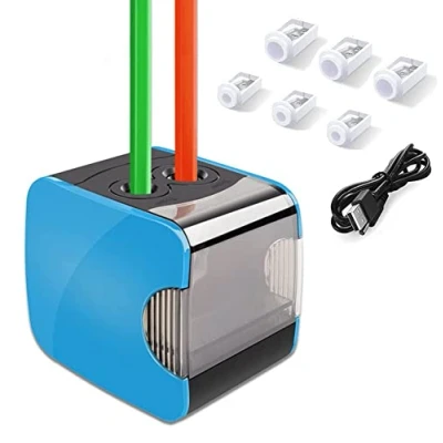 Imagen de Oladwolf sacapuntas eléctrico, automático con dos agujeros, batería afiladora y USB, modos 6 cuchillas, parada automática antideslizante, perfecto para niños oficina hogar