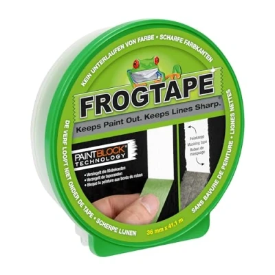 Imagen de cinta adhesiva FrogTape de pintor con tecnología bloque pintura, para bordes limpios al pintar y barnizar, 36mm x 41m