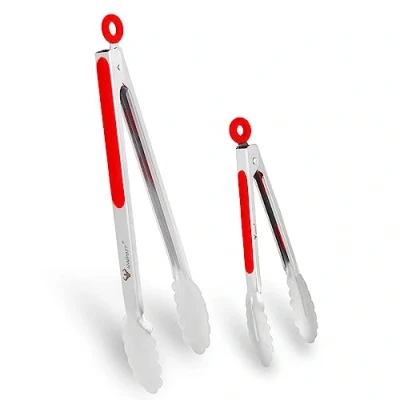 Imagen de WINPOST Juego de 2 pinzas cocina acero inoxidable a 21 cm y 34 cm, mango antideslizante resistente al calor, ideal para cocinar, ensalada, parrilla barbacoa (21 + rojo)