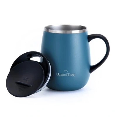 Imagen de GRANDTIES taza de café térmica con asa y tapa deslizante para protección contra salpicaduras, 460 ml, forma copa vino, llevar, doble pared, acero inoxidable, mantiene las