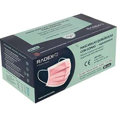 Imagen de RADEX 85005053. Caja de 50 Mascarillas Quirúrgicas Tipo IIR con Gomas, Rosa, Fabricado en España, Tres Capas, Material Hipo Alergénicos, Resistente a Salpicaduras