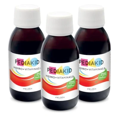 Imagen de PEDIAKID hierro + Vitaminas B Complemento alimenticio Fórmula Exclusiva a base de Sirope Agave Optimiza el consumo Ayuda reducir la fatiga Sabor plátano Lote 3