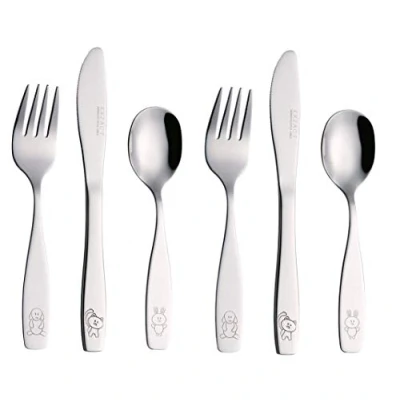 Imagen de Exzact Cubertería Infantil 6 Pieza para niños de Acero Inoxidable 2 x Cena Cuchillo, Tenedor, cuchar (Perro Gato Conejo 6)