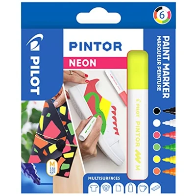 Imagen de PILOT Pintor Estuche de 6 rotuladores pintura multifunción, a base agua, secado rápido, textil, vidrio, madera, piedra, DIY Punta extrafina Colores azul, verde pastel, rosa oro