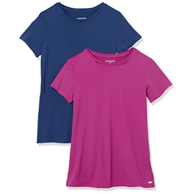 Imagen de Amazon Essentials Camiseta técnica elástica de Manga Corta y Cuello Redondo (Disponible en Tallas Grandes) Mujer, Pack 2, Azul/Orquídea Morada, XXL Grande