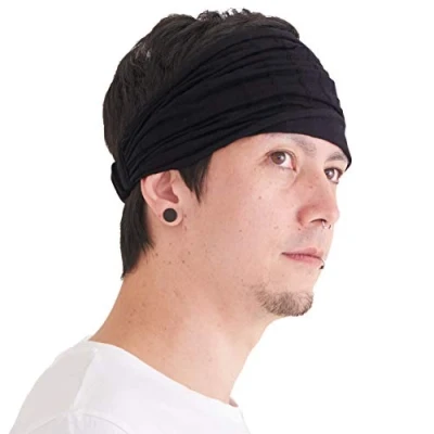 Imagen de CHARM Diadema De Algodón Suave Unisex Bandas Para Quimioterapia, Boho Headband Ancha Japonesa Negro
