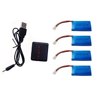 Imagen de YUNIQUE GREEN CLEAN POWER Conjunto de Cargadores 1 a 4 y Baterías Lipo 500mAh para Drones Compatible con Hubsan X4, V252, Syma X5C, JJRC Carga Eficiente, 42X20X8 mm 13,5 gr, Azul