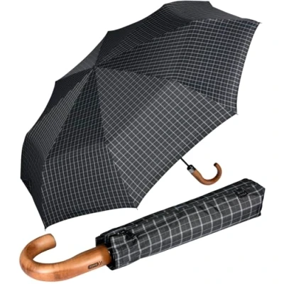 Imagen de iX brella Sombrilla XXL para hombre de 121 cm con mango madera auténtica y cierre automático, Check Black,