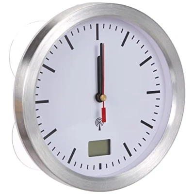 Imagen de TFA Dostmann Reloj analógico de baño 60.3539.02, resistente a la humedad, pantalla temperatura interior digital, 4 ventosas, sin taladrar, ideal para el baño/cocina, con marco aluminio, color