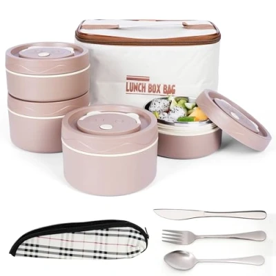 Imagen de BELLE VOUS Set de Termo Fiambrera Marrón con Cubiertos 4x Loncheras Fiambreras Apilables Bolsa Termica Tartera Porta Alimentos para Comida Caliente Viajes y Trabajo