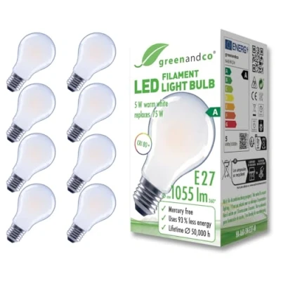 Imagen de greenandco 8x bombilla de filamento LED esmerilado E27 A60 5W 1055lm sustituye 75W 2700K blanco cálido 320 230V sin parpadeo Clase eficiencia energética A no regulable