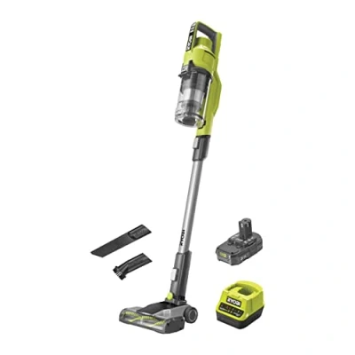 Imagen de RYOBI Aspirador de Escoba 18V ONE+ con Batería 2.0Ah y Cargador 2.0A/h Depósito 0,6l Caudal 820l/min Tubo Extraíble Ideal para Suelos Duros, Parquet, Alfombras RSV18 120G