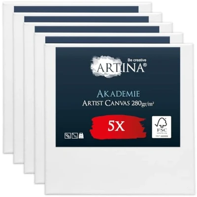 Imagen de Artina Set de 5 Lienzos para Pintar 30x30 cm 100% Algodón 280g/m² Lienzo Blanco con Bastidores Madera FSC® Canvas Pequeño Akademie