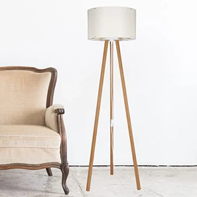Imagen de Lámpara de Pie Trípode Luz Suelo Iluminación Puntual 1xE27 20 W MDF PVC Textil 21 x 37 cm Altura 136 Color Bambú/Crema