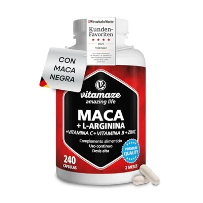 Imagen de Triple Maca Negra, Amarilla y Roja 4000mg de Andina con L Arginina + Vitamina C, B Zinc Fórmula para Vitalidad Potencia Física 240 Cápsulas Calidad Alemana Vitamaze