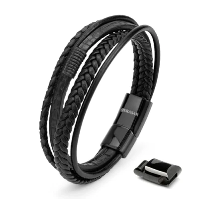 Imagen de SERASAR Regalo Cumpleaños Hombre Pulsera de Cuero 23cm Negro Chico Pulseras Hombres Brazalete Brazaletes Pulso Muñequera Muñequeras Bisuteria Bisutería Joyeria Nudos Cuerda Cuerdas Ancha