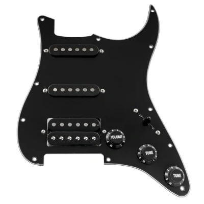 Imagen de Musiclily Basic SSH Loaded Prewired Pickguard Golpeador Precableado Set con Alnico 5 Pastillas Single Coil Humbucker Pickups para USA/Mexico Fender Strat Guitarra Eléctrica,3 capas Negro