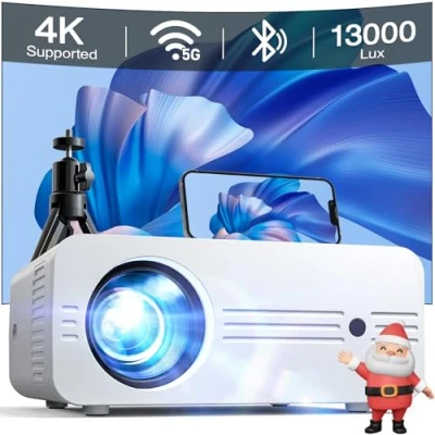 Imagen de Proyector Portátil 5G WiFi Bluetooth, Mejorado 13000 Lumens Full HD 1080P Nativo 4K Compatible, iZEEKER Cine en Casa para iOS/Android/PC/PS5/TV Stick/Xbox (Trípode Incluido)