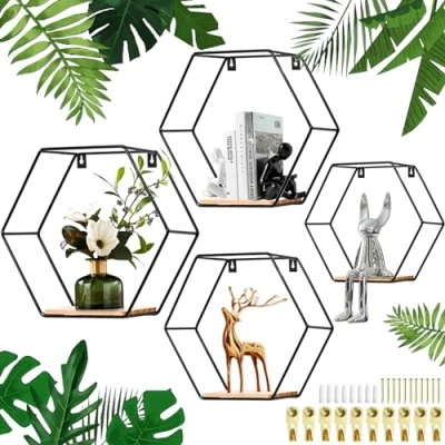 Imagen de SAMISO Estantes de Pared Hexagonales,Juego 4 Estanteria Madera,Estante Pared,Estantes Colgantes Metal y Madera para Dormitorio,Sala Estar decoración