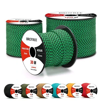 Imagen de Brotree Paracord 3mm 30M Cuerda 100% Nylon Tipo II 3 Hebras 425 para Exterior, Bricolaje 192 kg Carga de Rotura (Verde Negro)