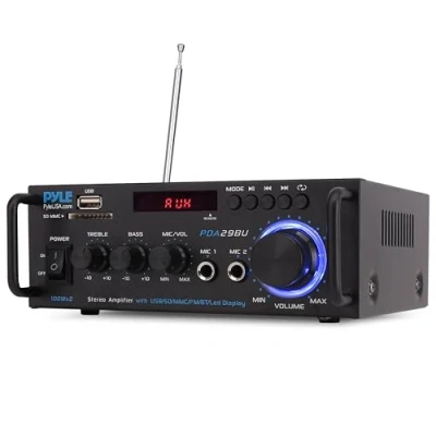 Imagen de Pyle Amplificador de Sonido Estereo, Bluetooth, Inalambrico, 200W, Doble Canal, para el hogar, Estudio, con RCA, USB, SD, Entrada microfono, Radio FM