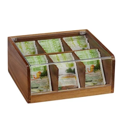 Imagen de Relaxdays Estuche para bolsitas de té, Seis Compartimentos, con Tapa, 9,5 x 22 20,5 cm, Marrón, 1 Ud