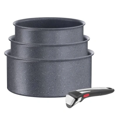 Imagen de Tefal Ingenio Natural On Juego 3 cazos + Mango extraíble Revestimiento antiadherente Mineralia,indicador de temperatura, fácil limpieza, fabricado Francia, apto para inducción