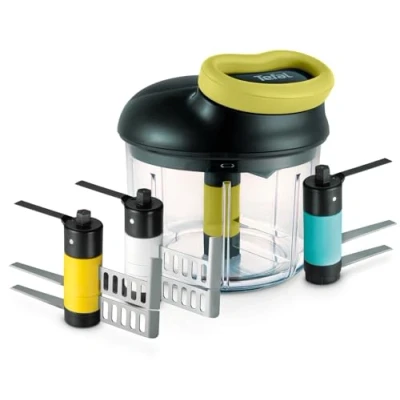 Imagen de Tefal K13210 picadora manual 5 segundos 900 ml + 4 cabezales, hoja puré, transparente, cuchillas de acero inoxidable, 0.9 L capacidad, Color Verde, Negro