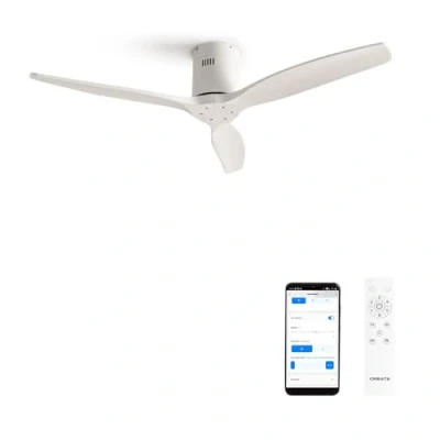 Imagen de CREATE / WINDCALM/Ventilador de techo blanco madera oscura con Wifi y mando 40W, Silencioso, Ø132 cm, 6 velocidades, temporizador, función verano invierno