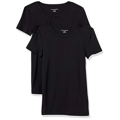 Imagen de Amazon Essentials Camiseta de Cuello a la Caja Manga Corta y Ajuste Entallado Mujer, Pack 2, Negro, S