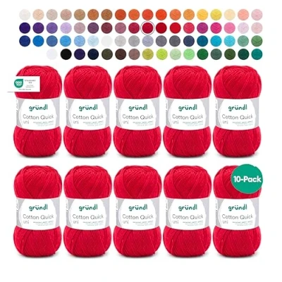 Imagen de Gründl Cotton Quick Uni, Paquete de 10 ovillos 50 g Lana Fuerte y Duradera, Hilo Lavable fácil Cuidado 100% algodón, 125 m, tamaño Aguja: 3 4, x 50, Rojo, Rot, One Size, 220