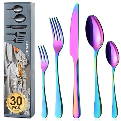 Imagen de BEWOS Juego de cubiertos Rainbow para 6 personas, 30 piezas colores que incluye cuchillo, tenedor, cuchara, acero inoxidable pulido a espejo, apto lavavajillas