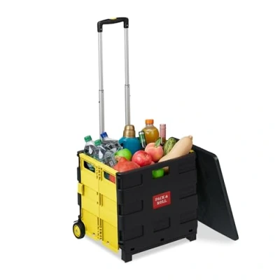 Imagen de Relaxdays Carro de la Compra Plegable, hasta 35 kg, Caja 50 litros, Asa Telescópica, Carrito Transporte 2 Ruedas, Amarillo y Negro, 99 x 45,5 37,5 cm