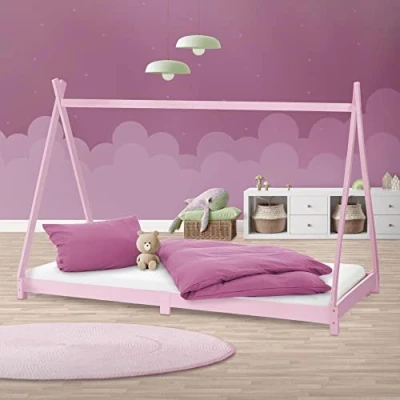 Imagen de ML Design Cama Infantil Tipi Indio 90x200 cm con Somier Estructura Listones de Madera Pino Maciza Color Rosa Forma Casa Mobiliario Juego Marco Tienda Campaña para Niños