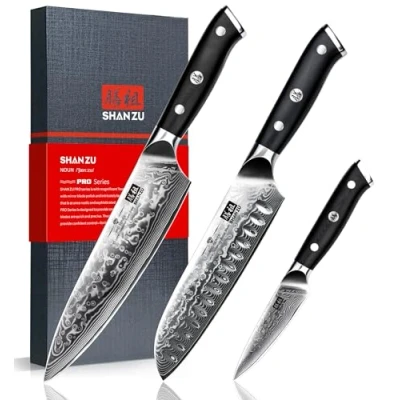 Imagen de SHAN ZU 3 Piezas Juego de Cuchillo Cocina Damasco, Set Japones Acero Damasco 67 Capas, Chef Santoku Pelador PRO Series