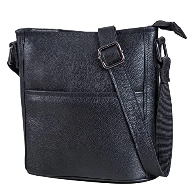 Imagen de LEABAGS Bolso de Cuero para Mujer Bandolera Genuino Hombro Trabajo, Universidad, Escuela y Tiempo Libre Tamaño M (24 x 23 6 cm) Nappa Negro