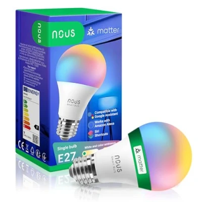 Imagen de NOUS P3 Matter Bombilla Led Inteligente Wifi E27, Luz Fria calida Regulable. RGB Habitacion Decoración Luces. Alexa, Google Home, Tuya Smart Life Domotica Accesorios. Bombillas Colores 9w 800lm