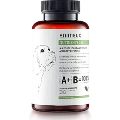 Imagen de vitaminas para perros 60 tabletas masticables metabolismo, sistema inmunológico, defensas &amp; Peeling suplemento con Complejo de B, Omega 3, Ginseng Plus nutrientes animales 365 Dogs