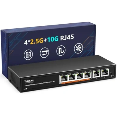 Imagen de Switch Ethernet 10G No Gestionado de 6 Puertos, 4 Puertos Base T 2.5G, 2 RJ45 10Gb, Compatible con 100/1000/2500Mbps, Metálica, VLAN, Red YuanLey 2.5Gbe para NAS 2.5G/10G