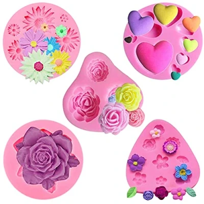 Imagen de 5 PCS Fondant 3D Molde Moldes de Pastel Silicona Decorativos para Tartas Flores Rosas Chocolate Azúcar Decoración