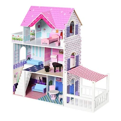 Imagen de HOMCOM Casa de Muñecas 3 Pisos con Patio 86x30x87 cm Muebles Accesorios Completos Diseño Lindo Casita Juguete Madera Rosa
