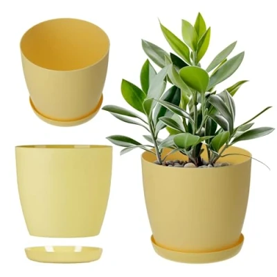Imagen de KADAX Maceta con Plato, Redonda de plástico, Mate para Cactus, helechos, Brillante balcón, apartamento y terraza (18 cm, limón)