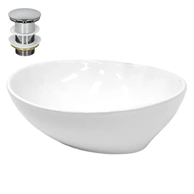 Imagen de ECD Germany Lavabo Cerámico Ovalado con Agujero Conexión Estandar Blanco Lavamanos sobre Encimera 410 x 330 142 mm Diseño Moderno Fregadero Juego de Desagüe Realza Cada Baño o Aseo