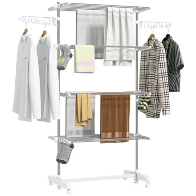 Imagen de HOMCOM Tendedero Vertical Plegable de Ropa con 6 Ruedas 2 Laterales Abatibles Estantes Ajustables y Marco Acero Inoxidable para Interior Exterior Blanco